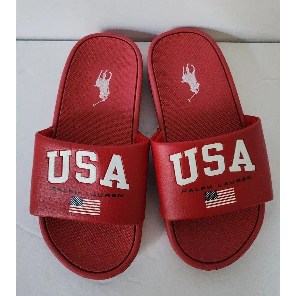 Polo Ralph Lauren IVER Slides Sandals Flag USA Eva Red Grade School Kids Size 11